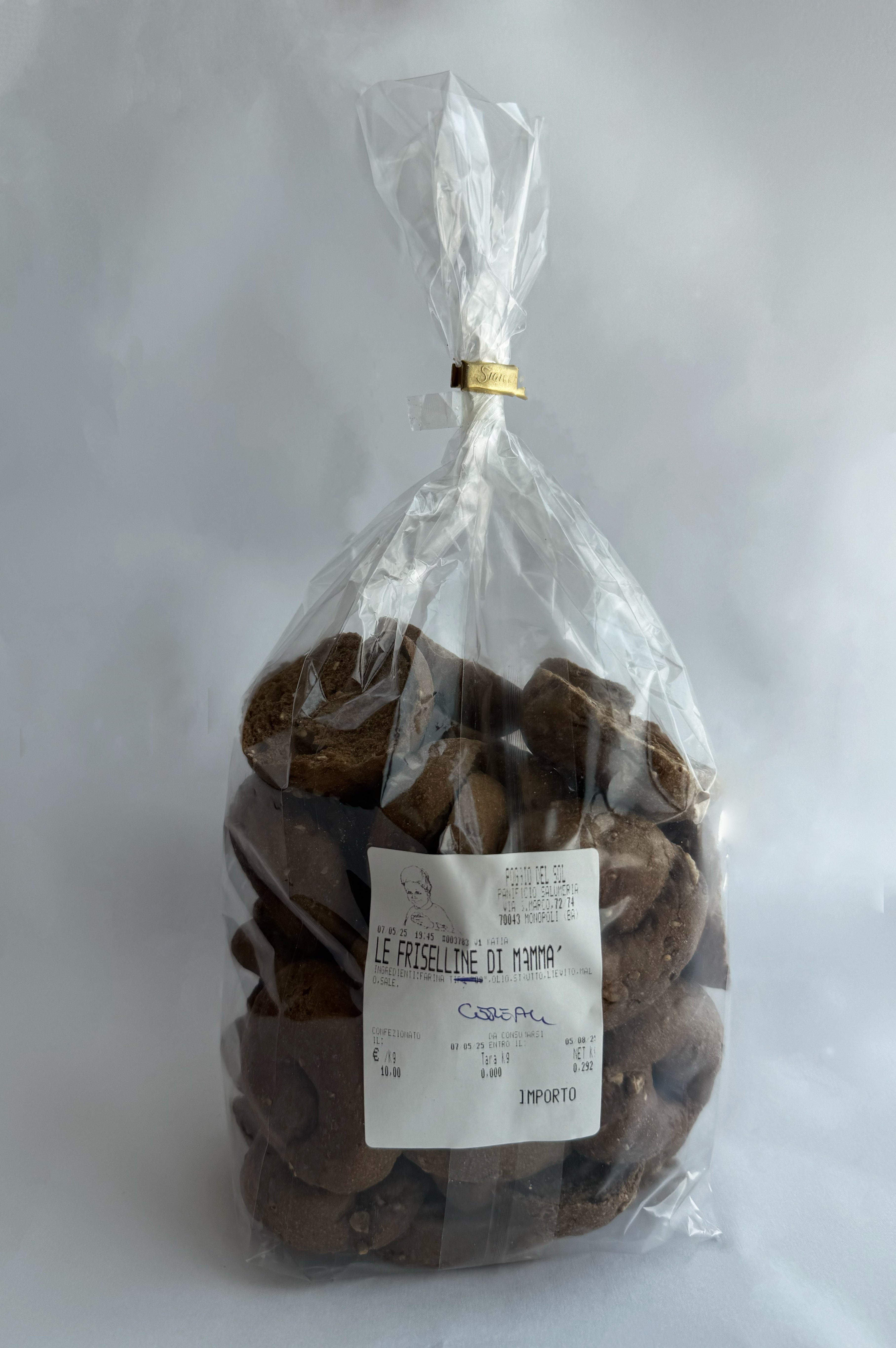 Friselline artigianali ai cereali – Friselline di Mammà fatte a mano con farina ai cereali, olio, strutto, lievito e sale – Busta da 300g – €3,60