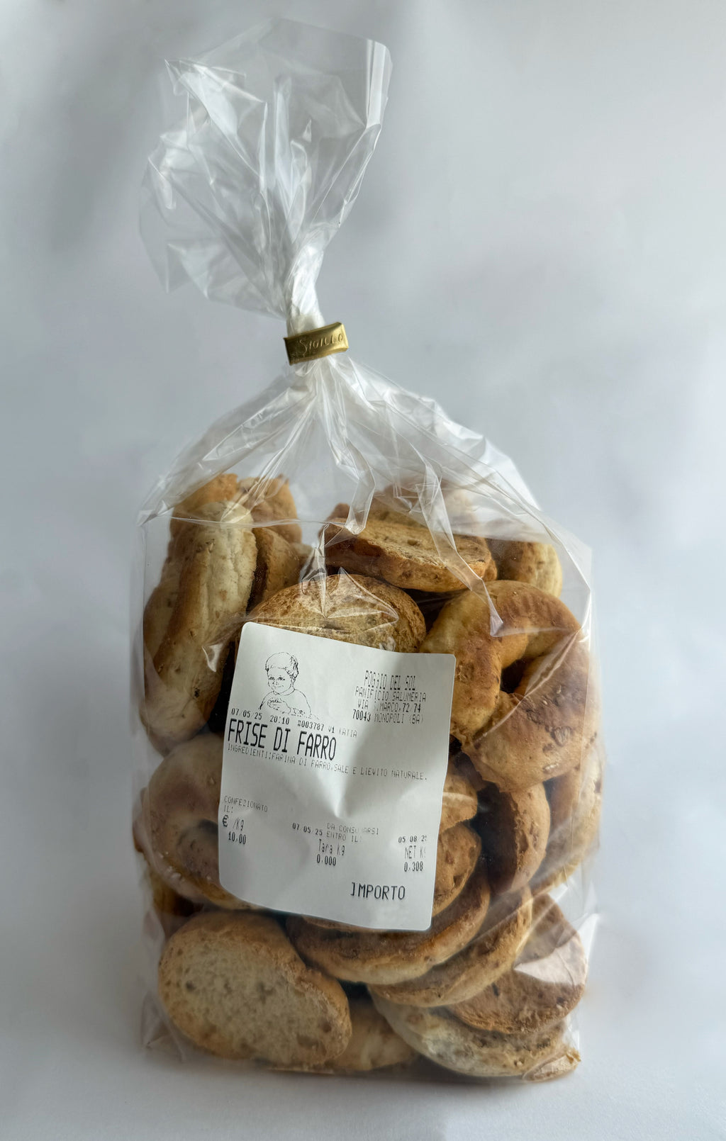 Friselline artigianali di farro – Friselline di Mammà fatte a mano con farina di farro, olio, strutto, lievito e sale – Busta da 300g – Specialità pugliese croccante – €3,60