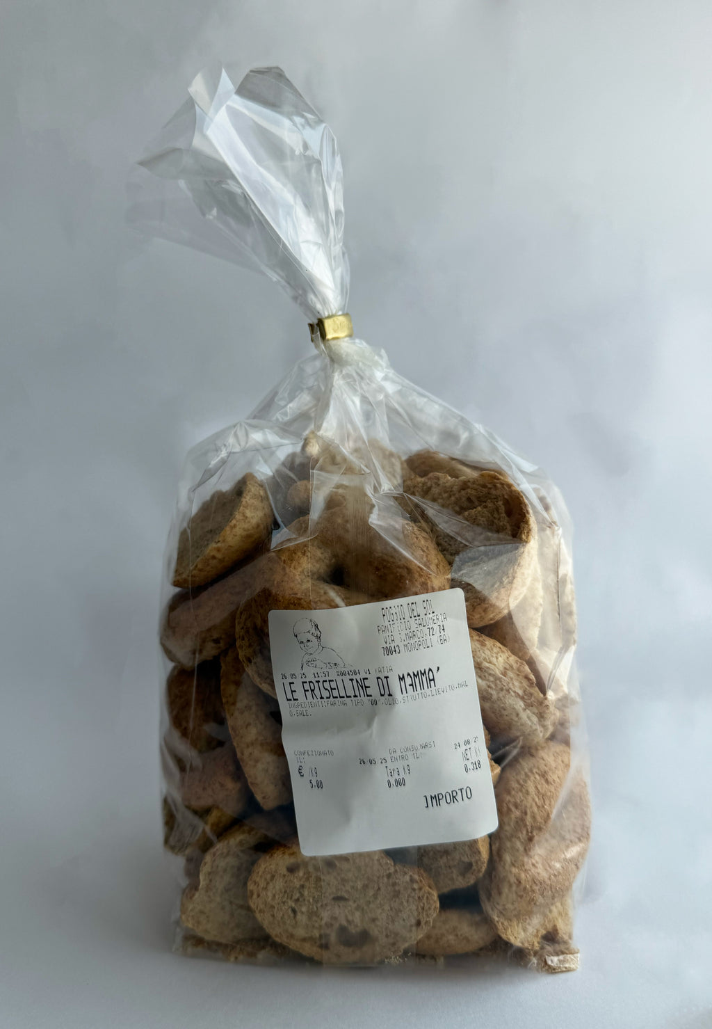 Friselline artigianali integrali – Friselline di Mammà fatte a mano con farina integrale, olio, strutto, lievito e sale – Busta da 300g – €3,60